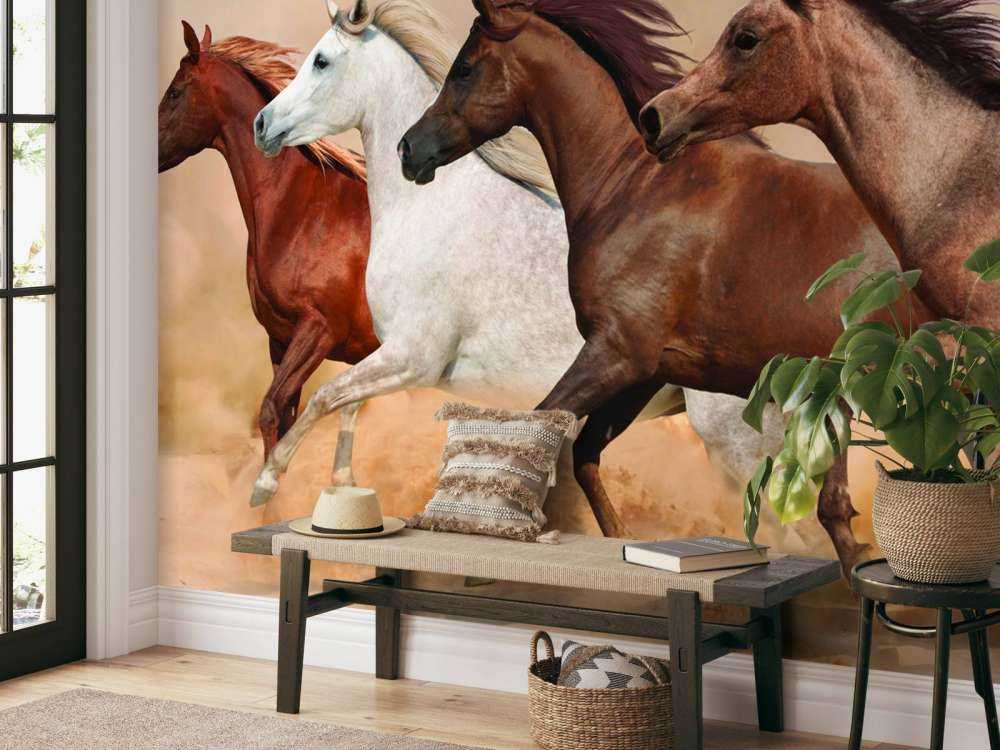 Caballos al galope en una tormenta de arena
