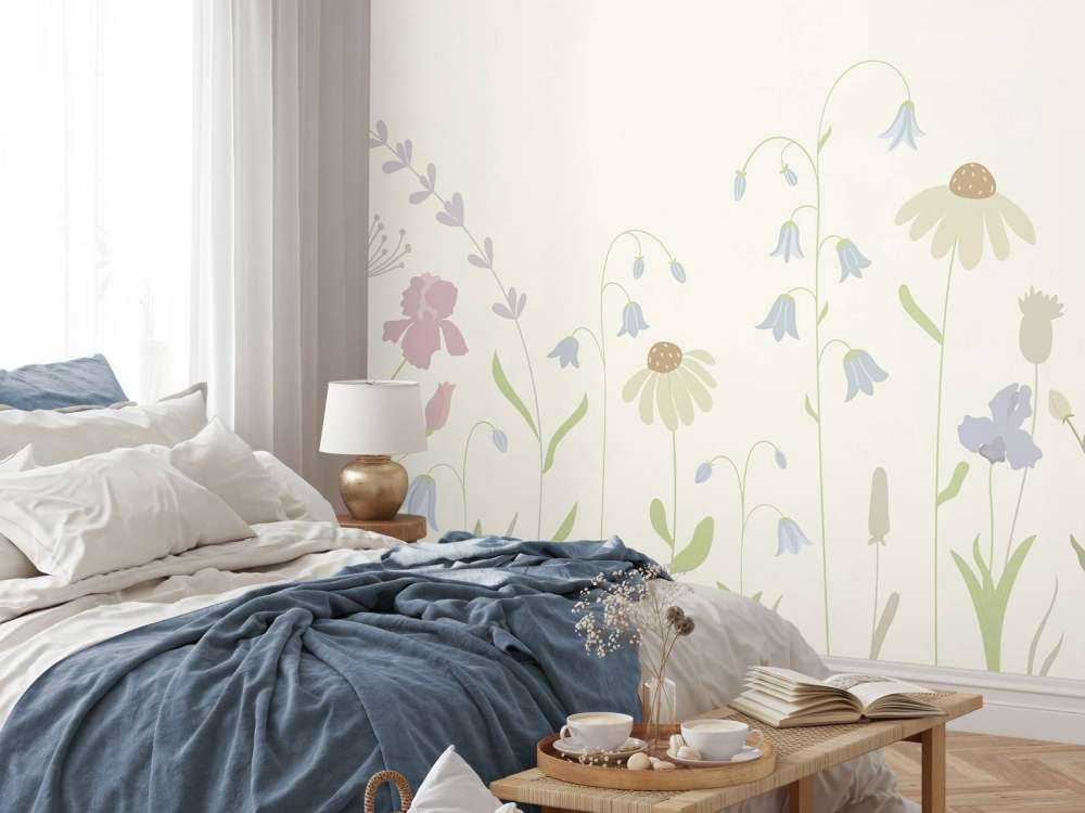 Campo de flores alto beige, rosa viejo, verde y lila