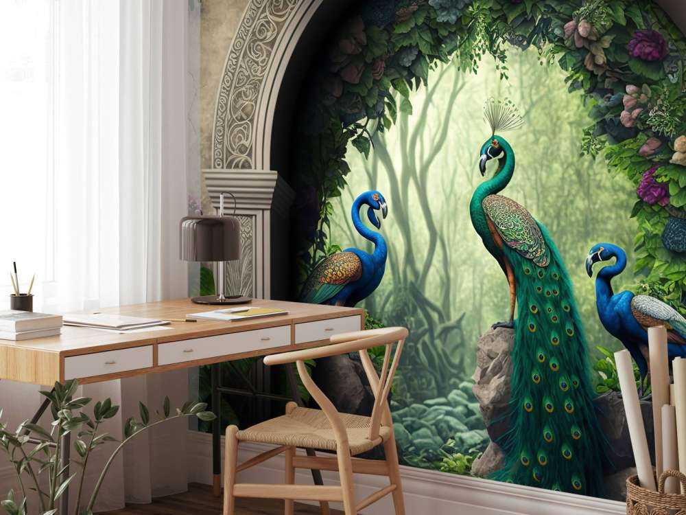 Trío de Pavos Reales en Jardín Secreto