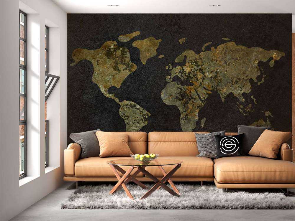 Mapa del mundo con textura verde dorada