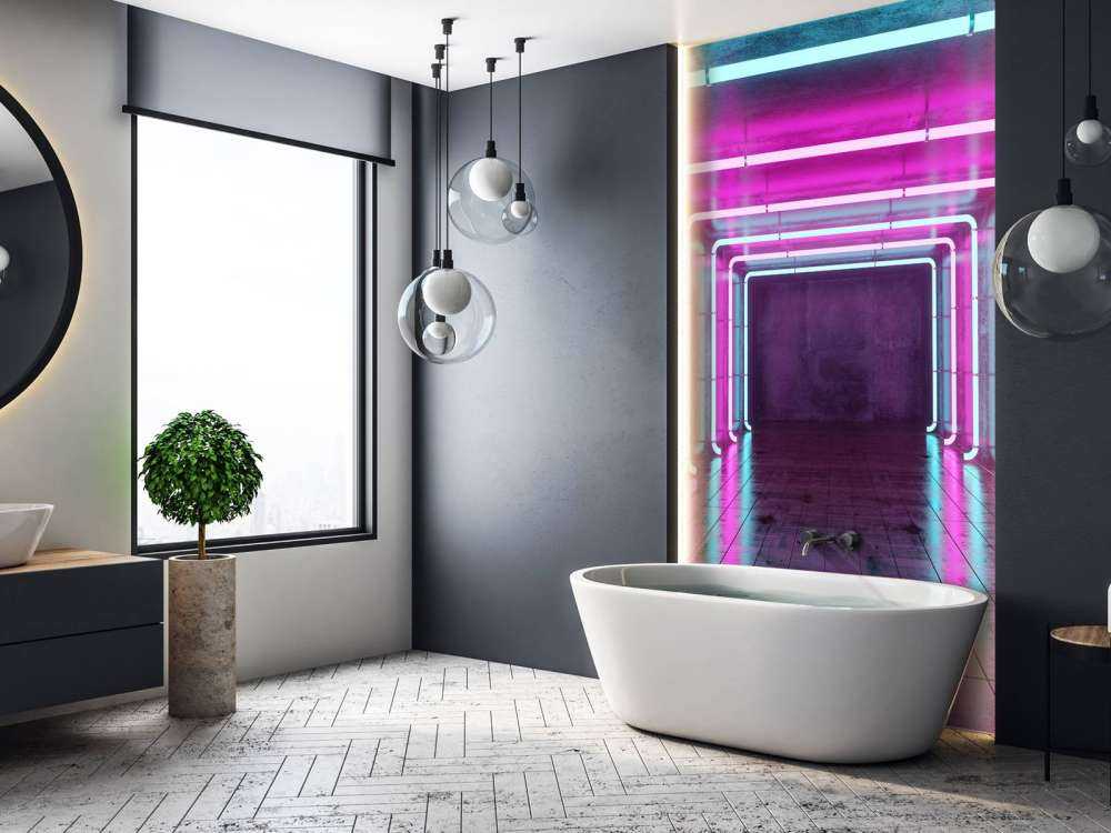 Sala de hormigón con luces de neón