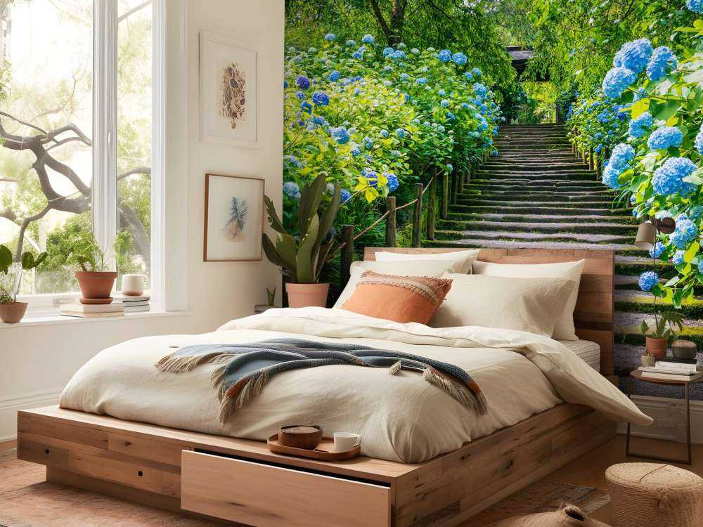 Escalera entre hortensias
