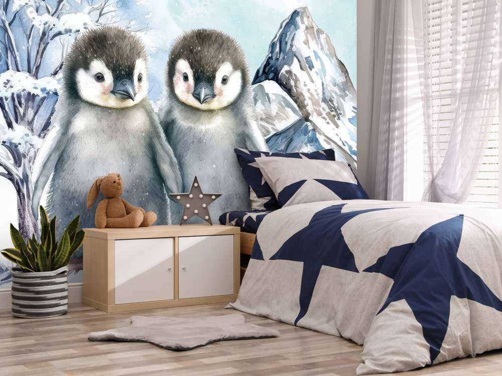 Pingüinos sombríos en paisaje invernal