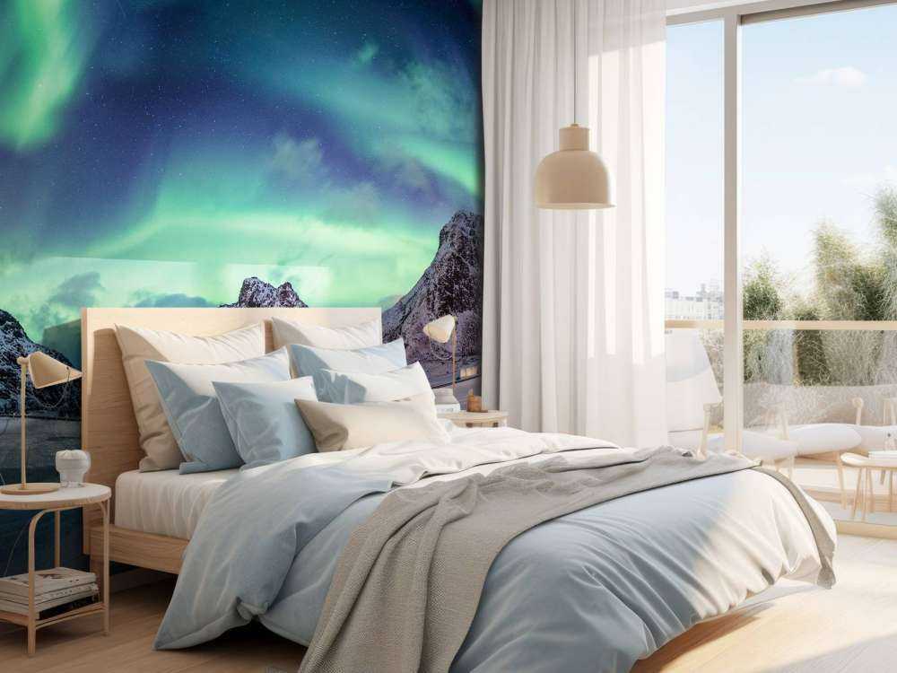 Aurora boreal sobre montañas nevadas
