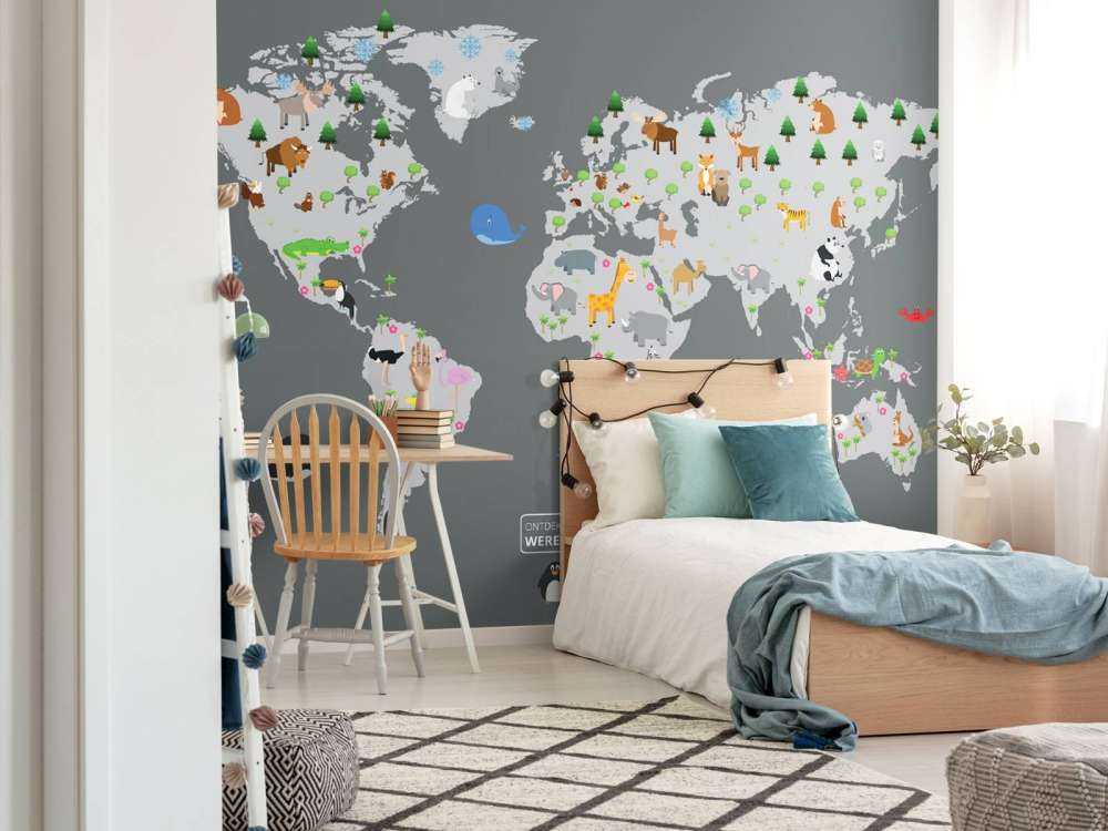 Mapa del mundo para niños con fondo gris