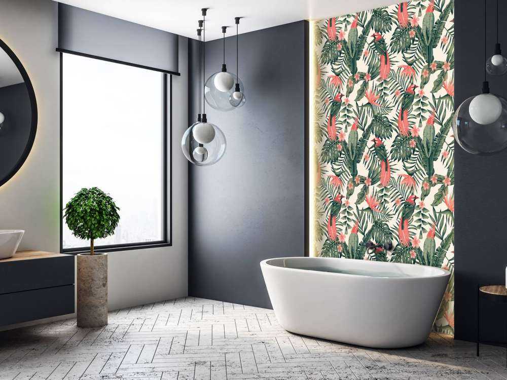 Plantas, flores y pájaros tropicales