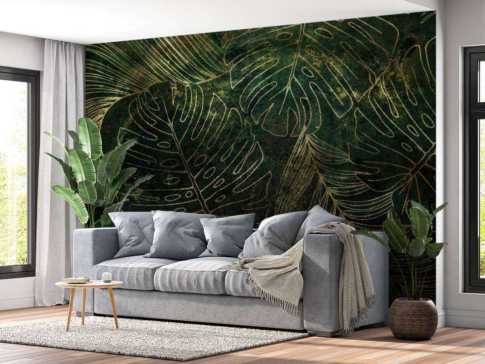 Textura verde con hojas doradas