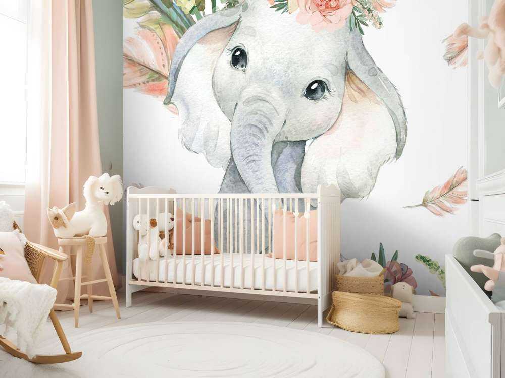 Bebé elefante flores rosas
