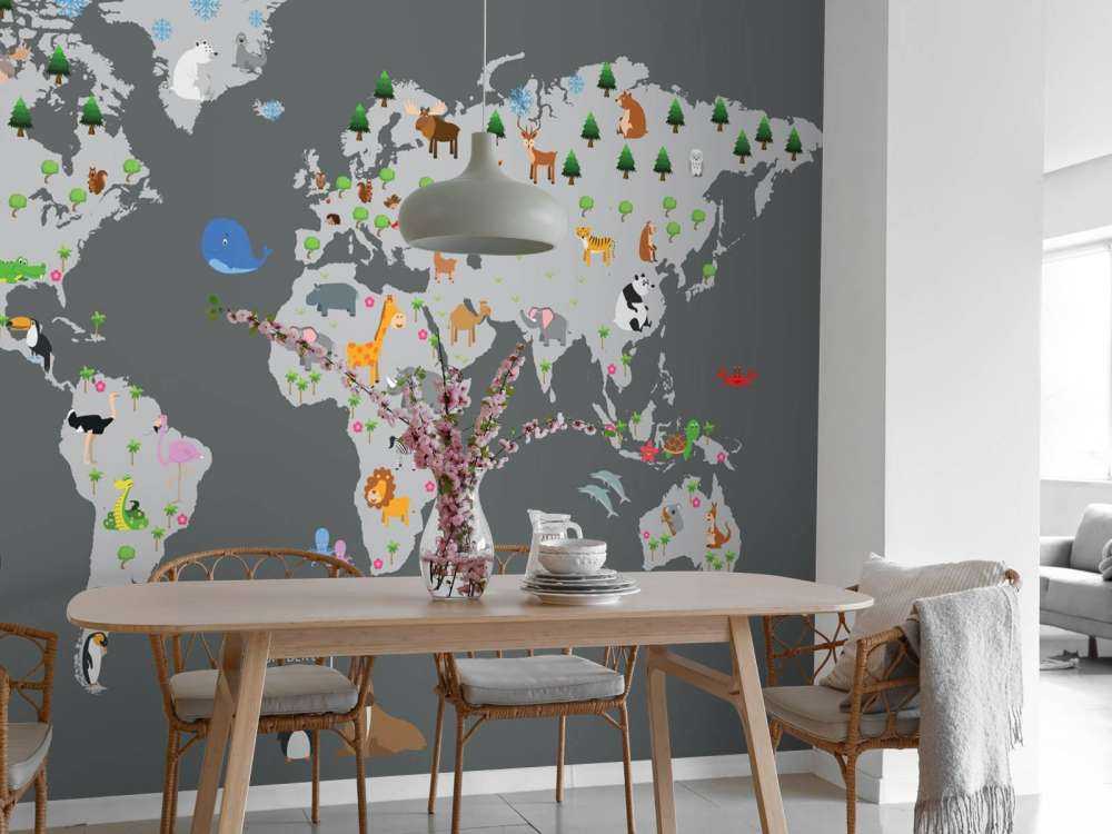 Mapa del mundo para niños con fondo gris