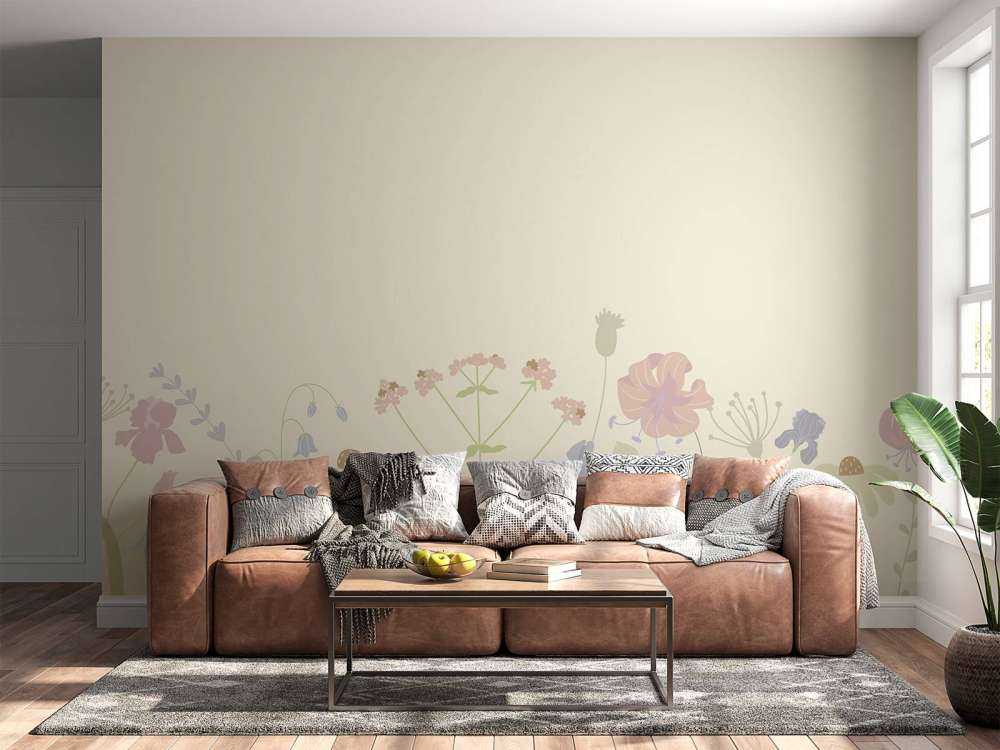Campo de flores beige, rosa viejo, verde y lila