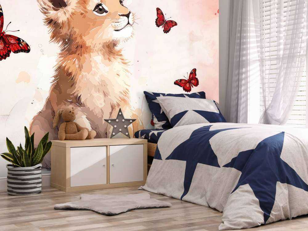 Cachorro de león soñador y mariposas