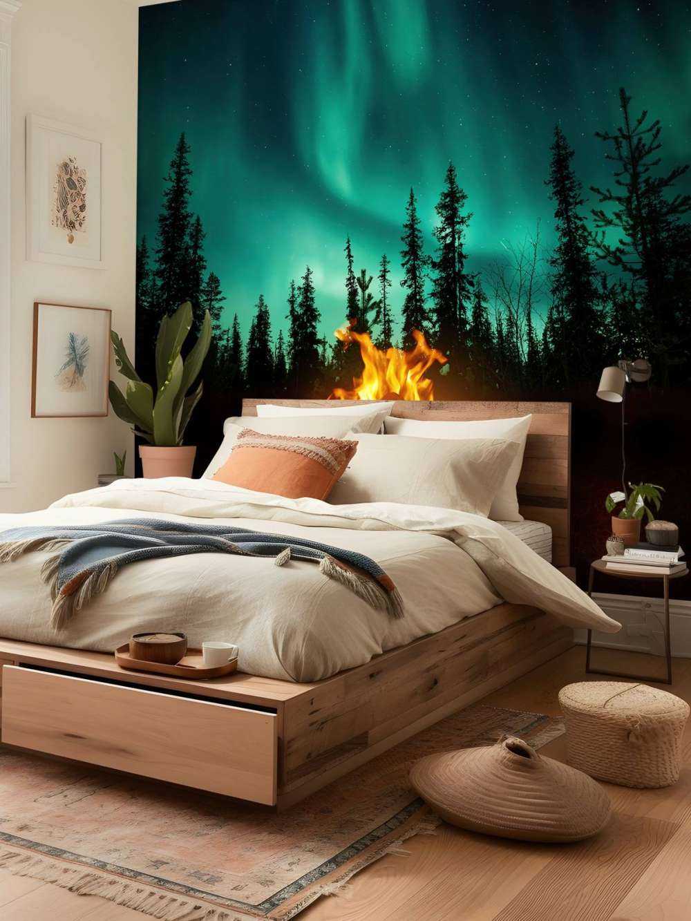 Fogata bajo la aurora boreal