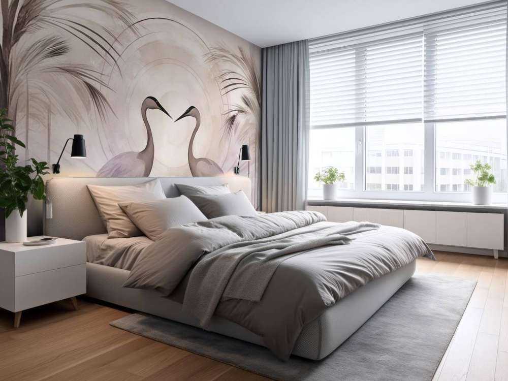 Grúas al atardecer gris