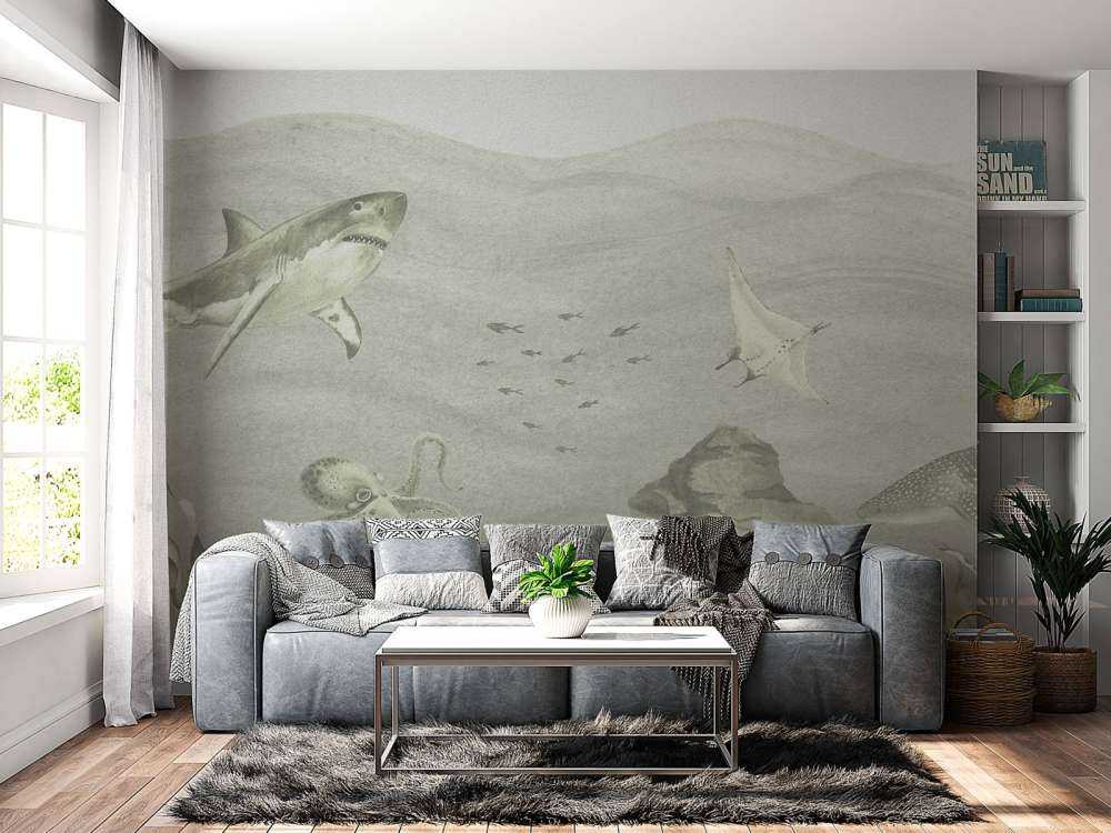 Mundo submarino con tiburones en verde