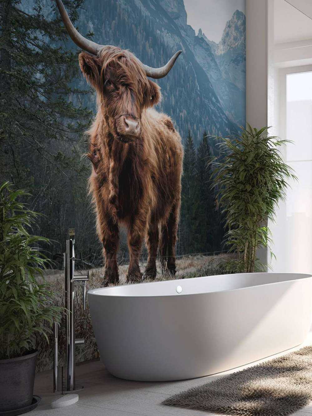 Una vaca escocesa entre los árboles