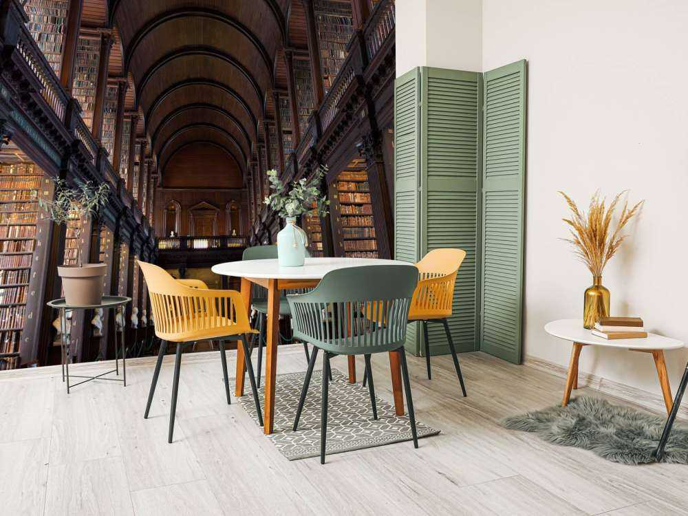 Sala de libros clásica con arcos