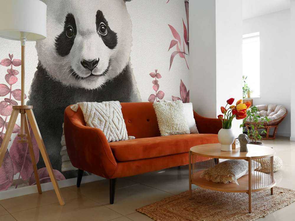 Bebé panda en la selva rosa