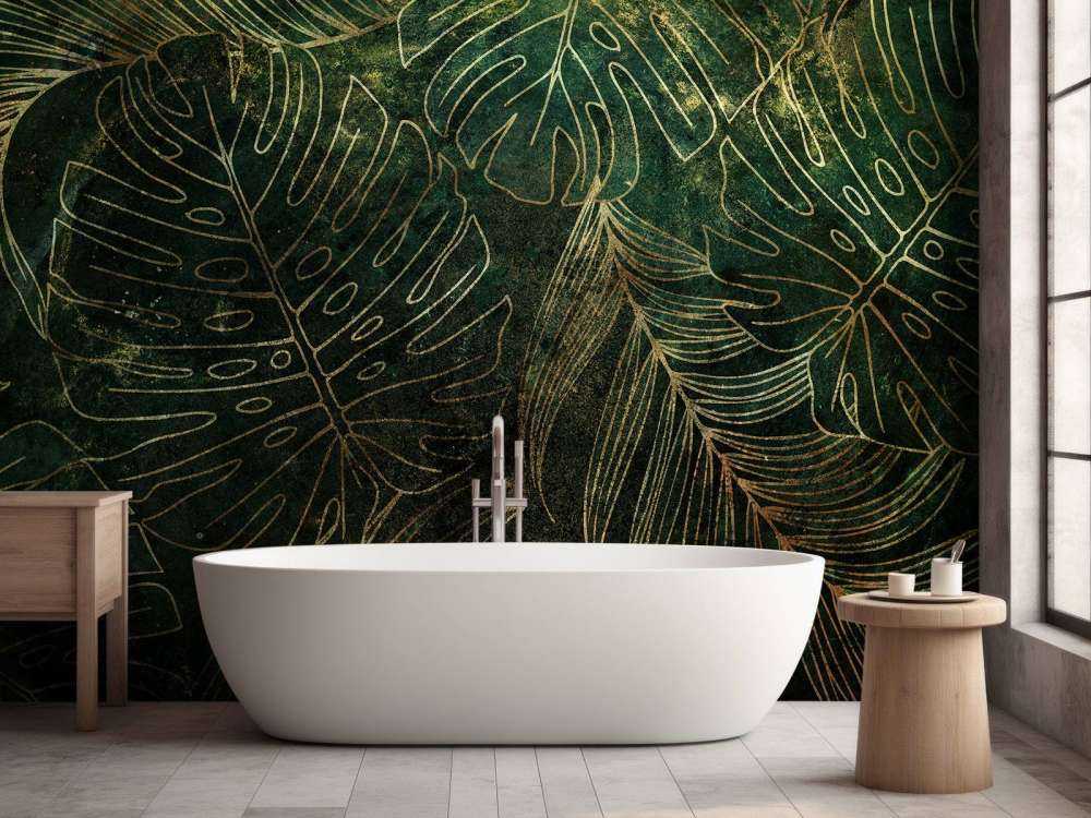 Textura verde con hojas doradas
