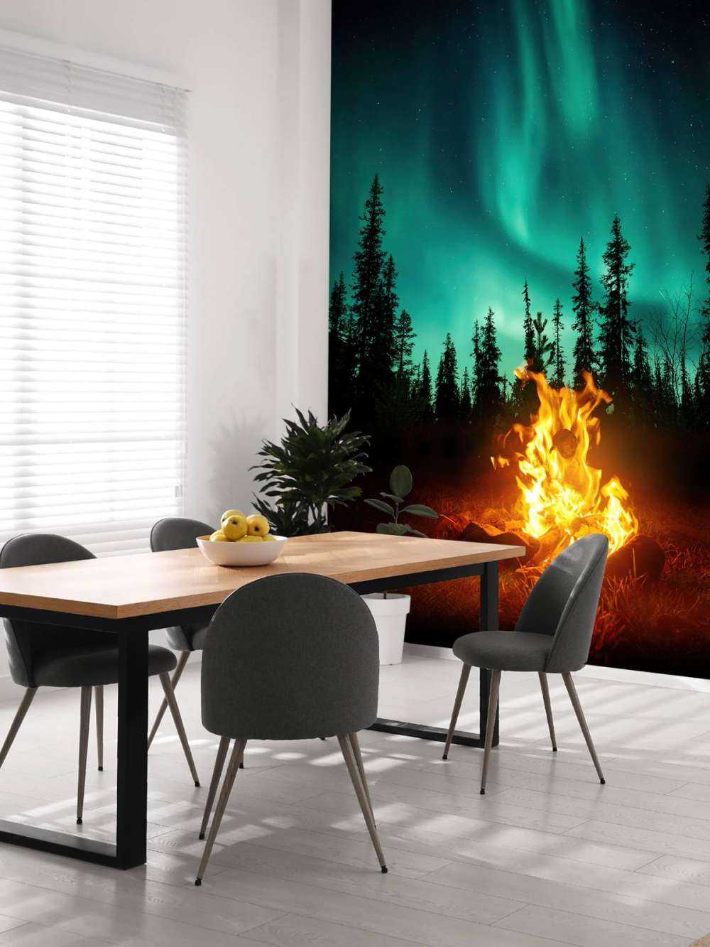 Fogata bajo la aurora boreal