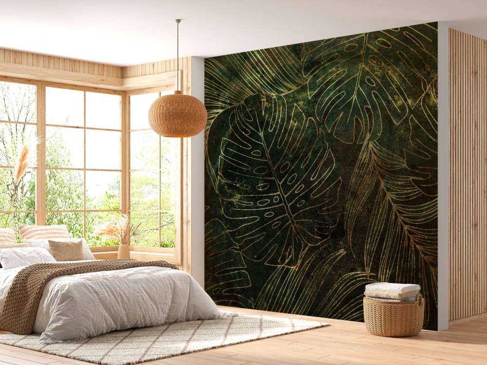 Textura verde con hojas doradas