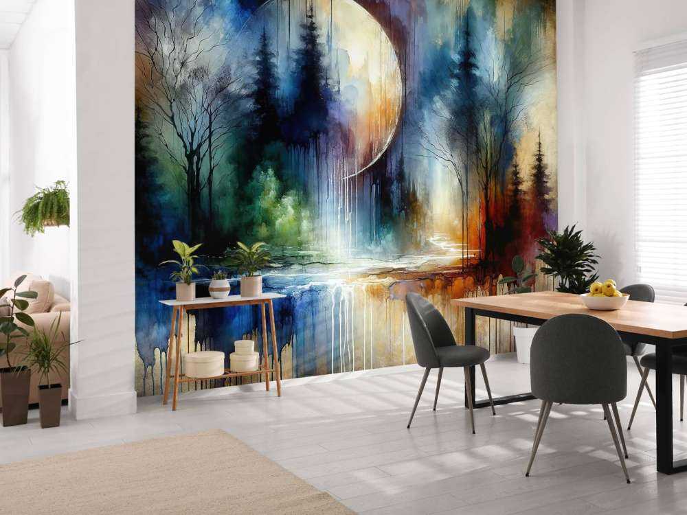 Watercolor Abstract Forest At Moonlight