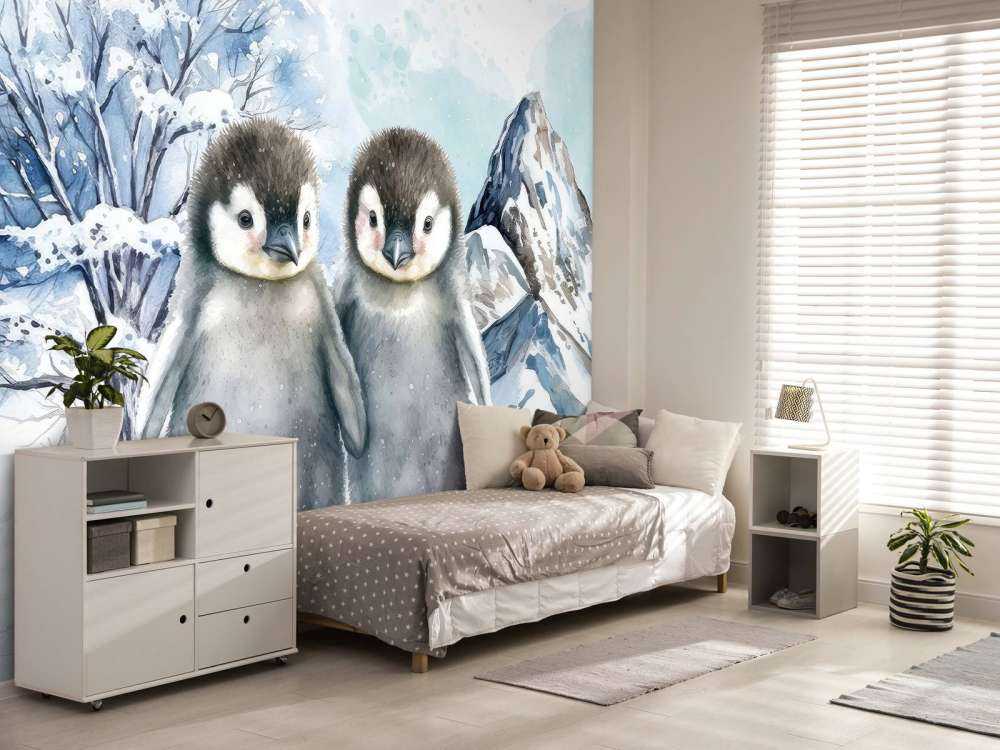 Pingüinos sombríos en paisaje invernal