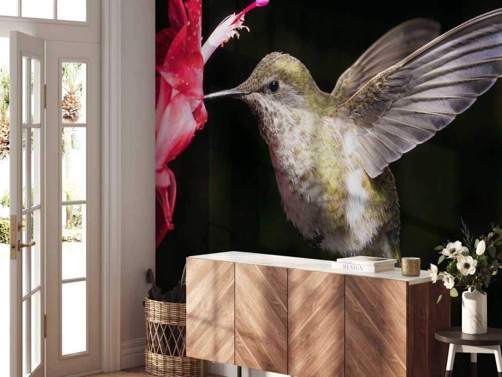 Colibrí con flor roja