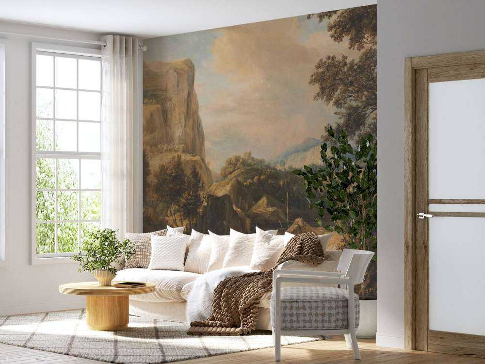 Paisaje montañoso con pescadores