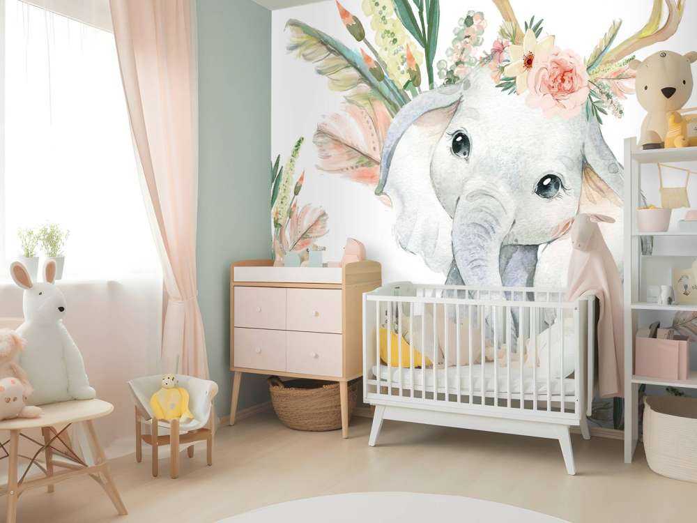 Bebé elefante flores rosas
