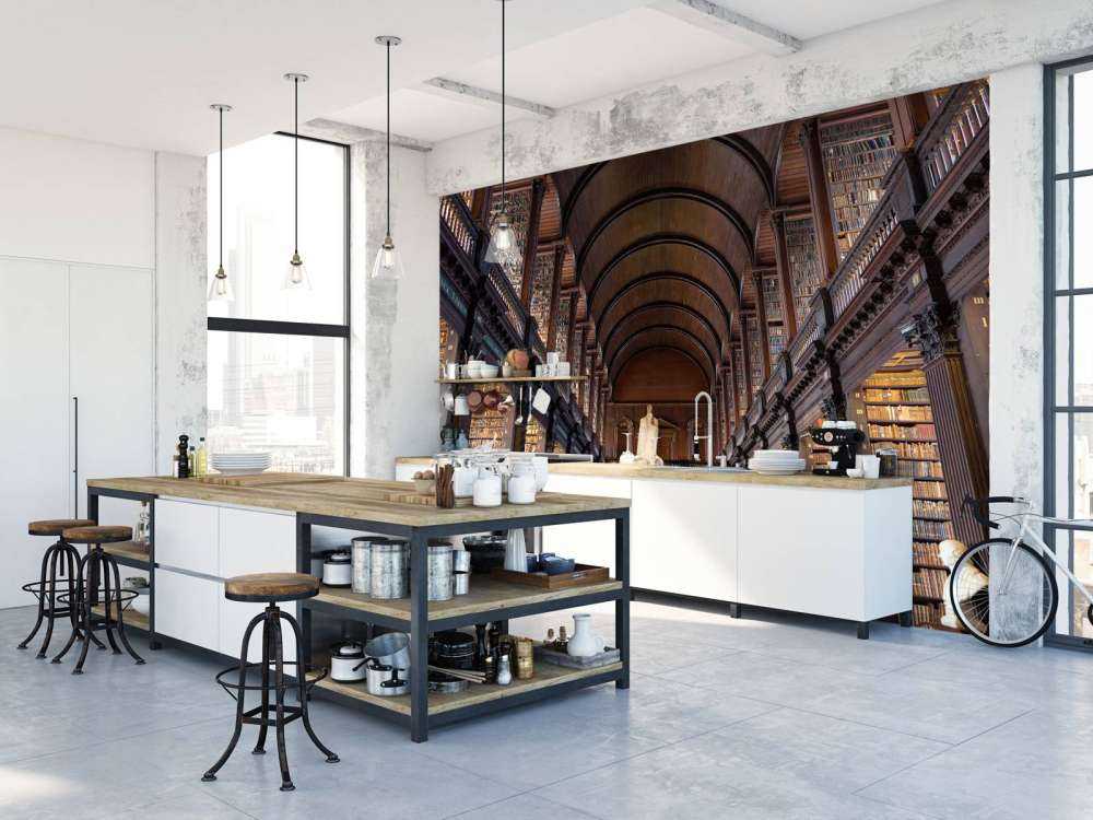 Sala de libros clásica con arcos