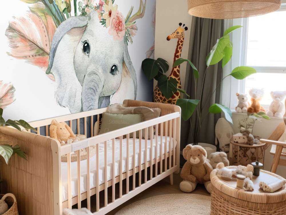 Bebé elefante flores rosas