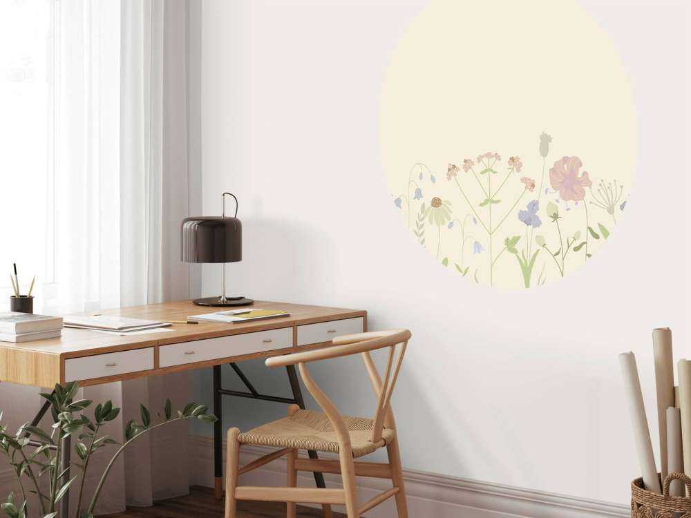 Campo de flores beige, rosa viejo, verde y lila