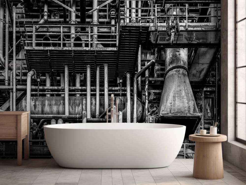 Antigua fábrica industrial en blanco y negro