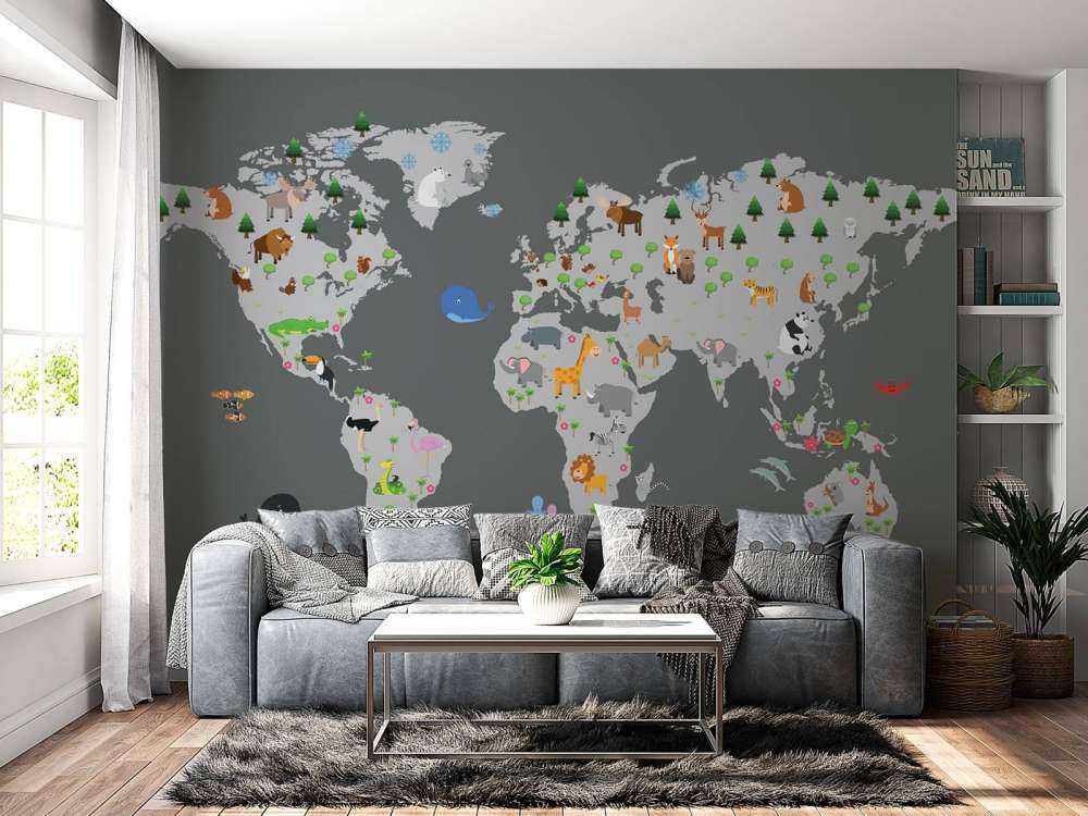 Mapa del mundo para niños con fondo gris