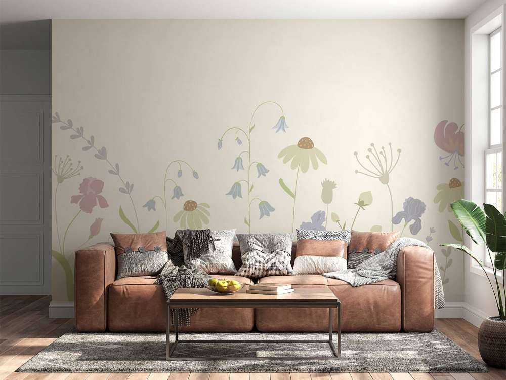 Campo de flores alto beige, rosa viejo, verde y lila