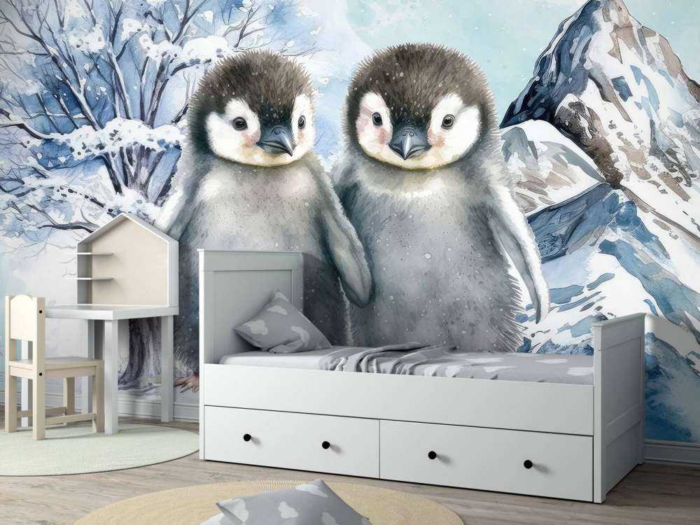 Pingüinos sombríos en paisaje invernal