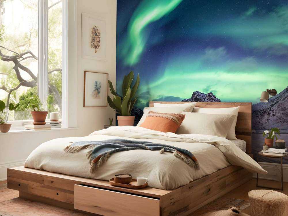 Aurora boreal sobre montañas nevadas
