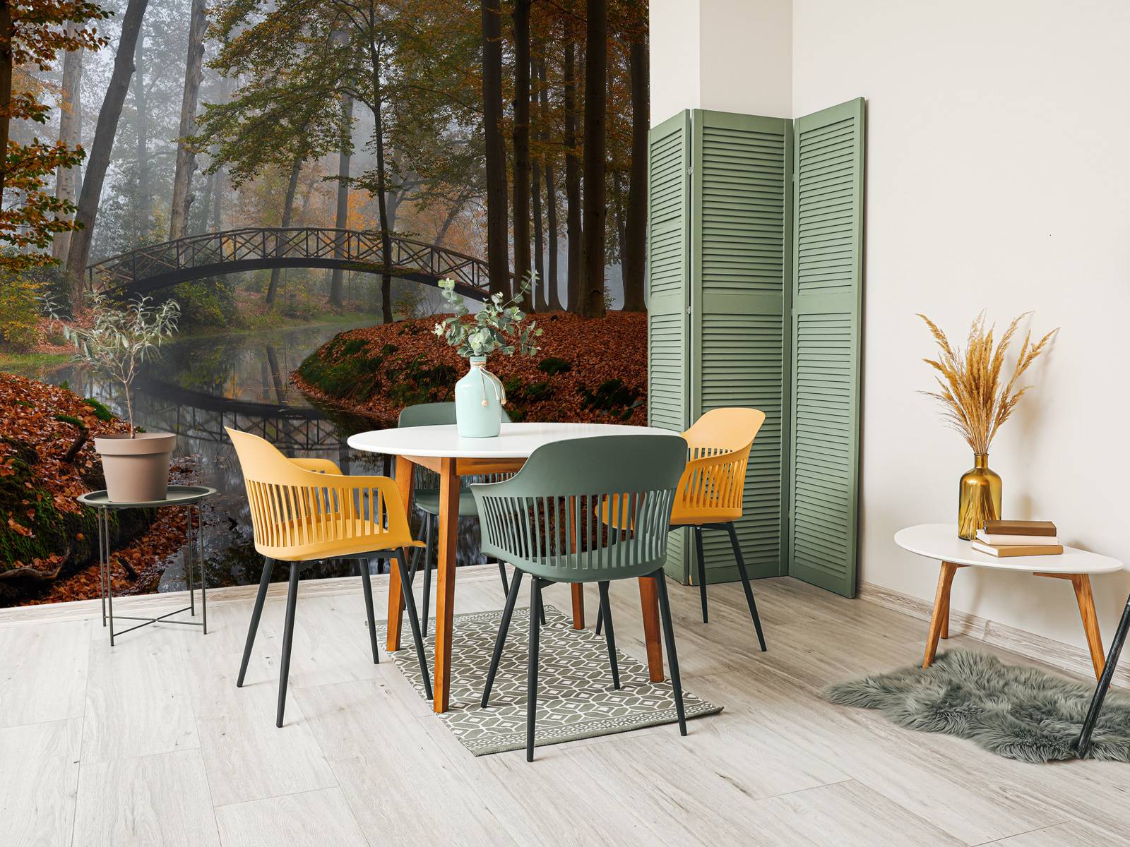 Papel Pintado - Puente en el bosque de otoño, image size:1600x1200