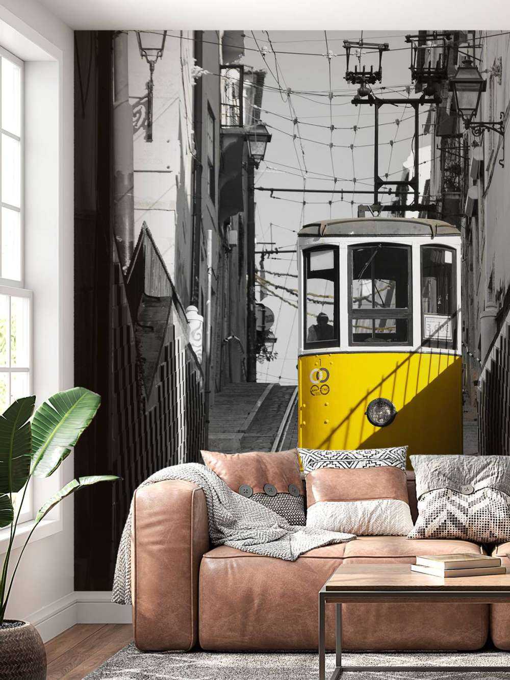 Tranvía negro y blanco amarillo