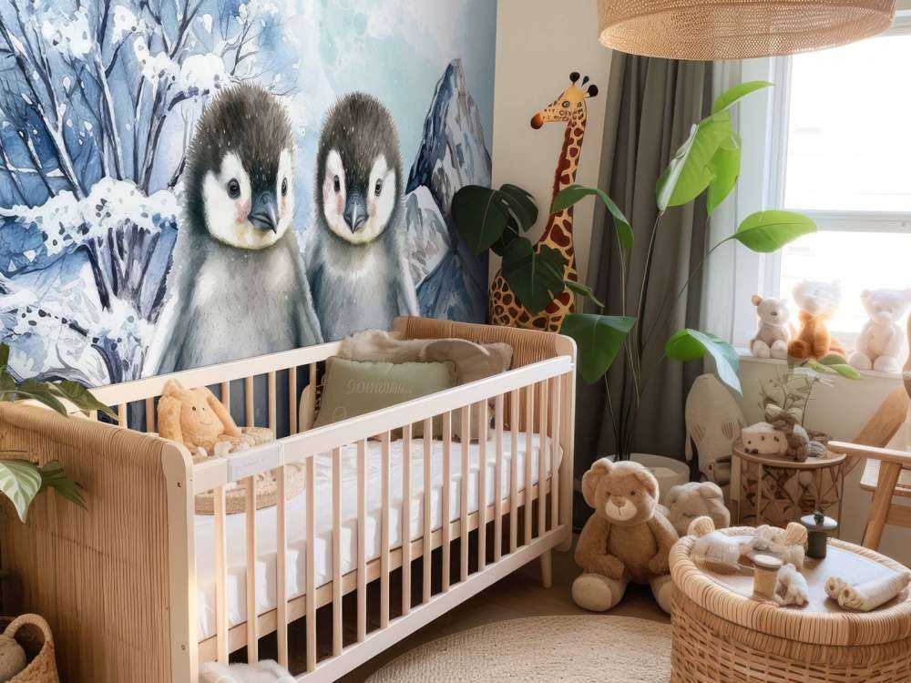 Pingüinos sombríos en paisaje invernal