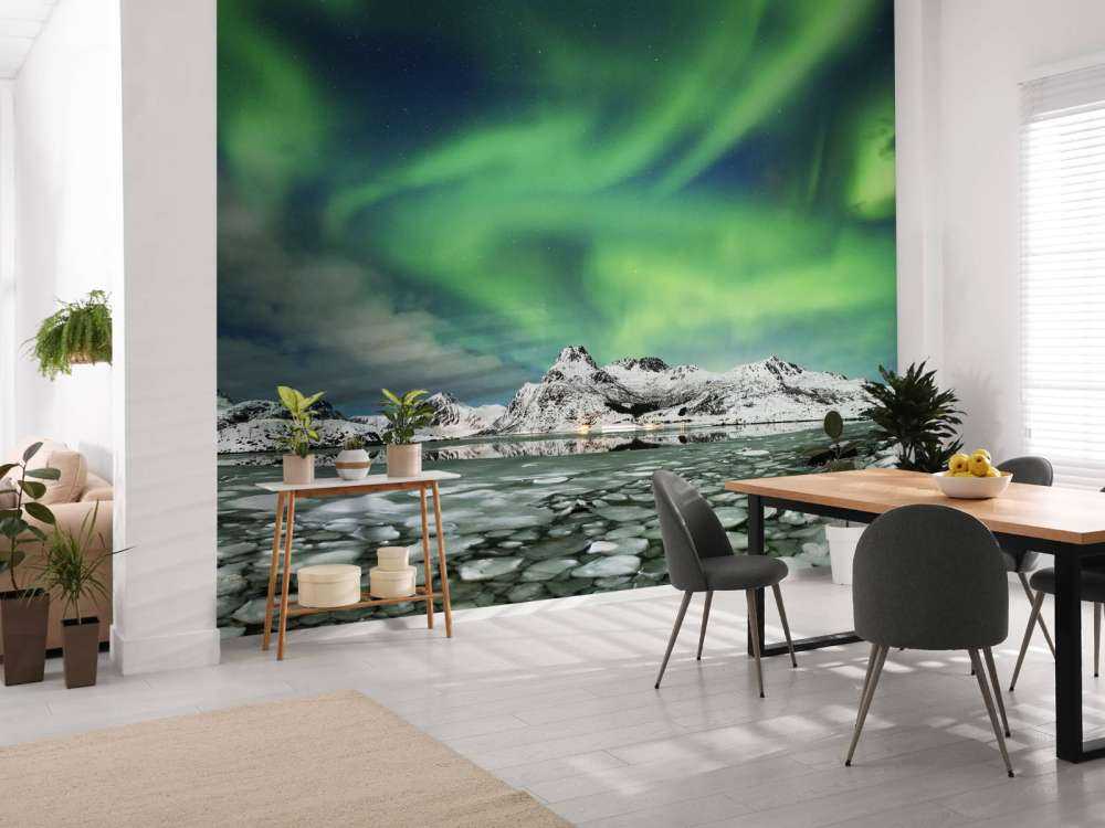 Aurora boreal sobre un paisaje invernal
