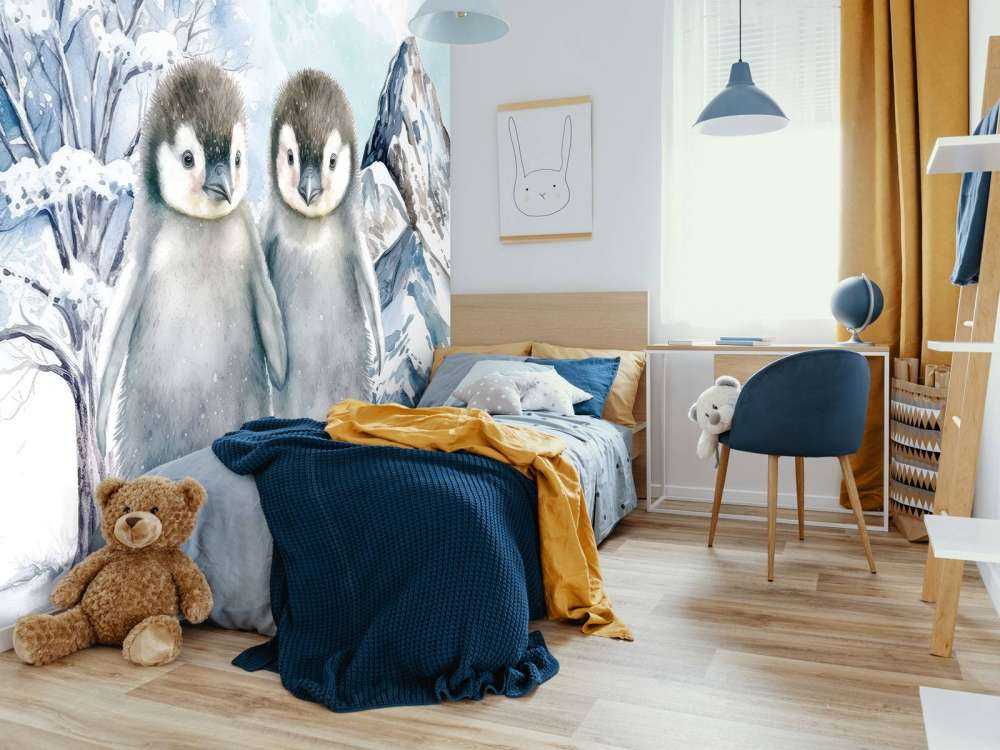Pingüinos sombríos en paisaje invernal