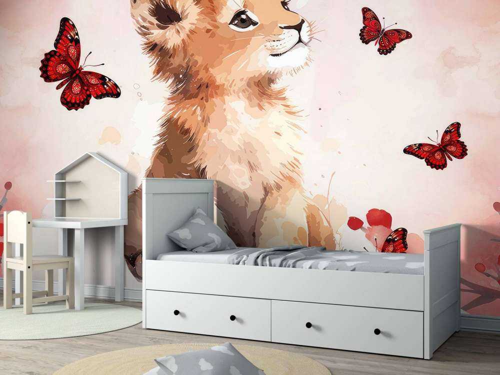 Cachorro de león soñador y mariposas