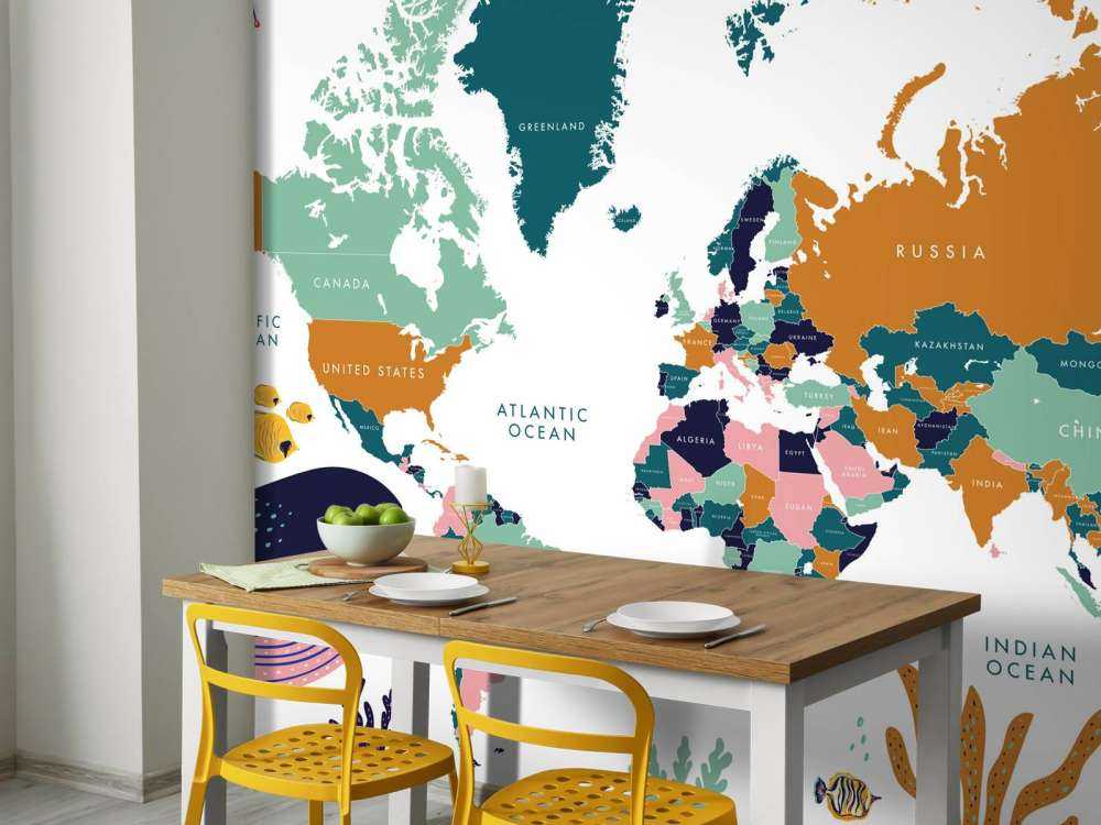 Mapa del mundo con animales del océano