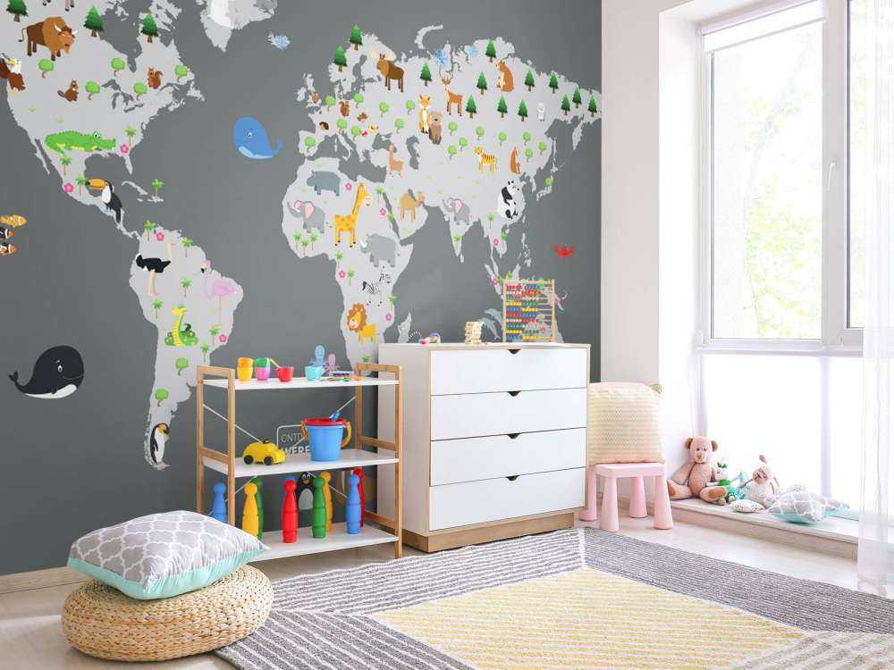 Mapa del mundo para niños con fondo gris