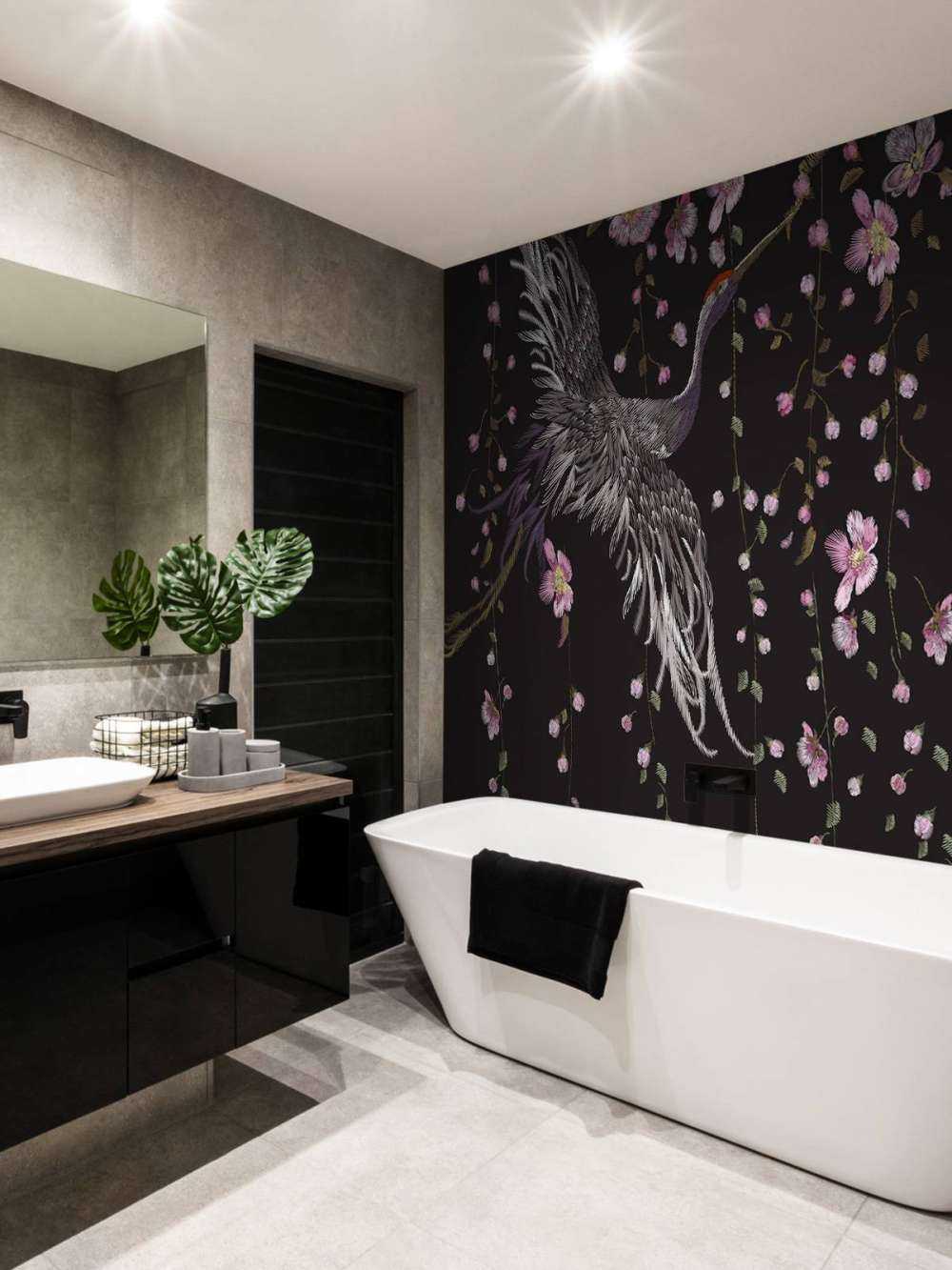 Grullas con flores rosas