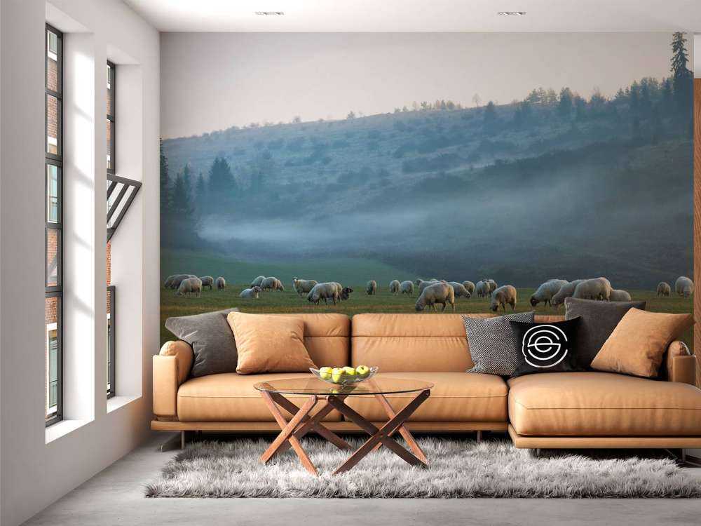 Rebaño de ovejas con paisaje de niebla