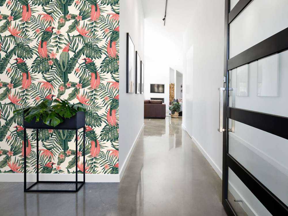 Plantas, flores y pájaros tropicales
