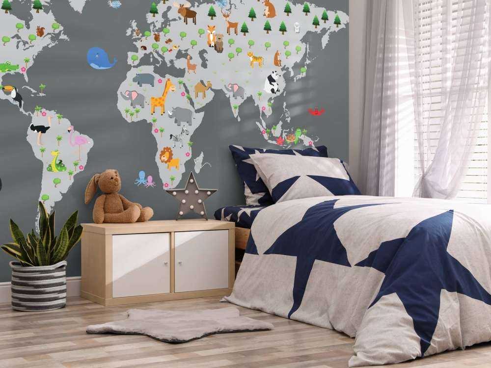 Mapa del mundo para niños con fondo gris