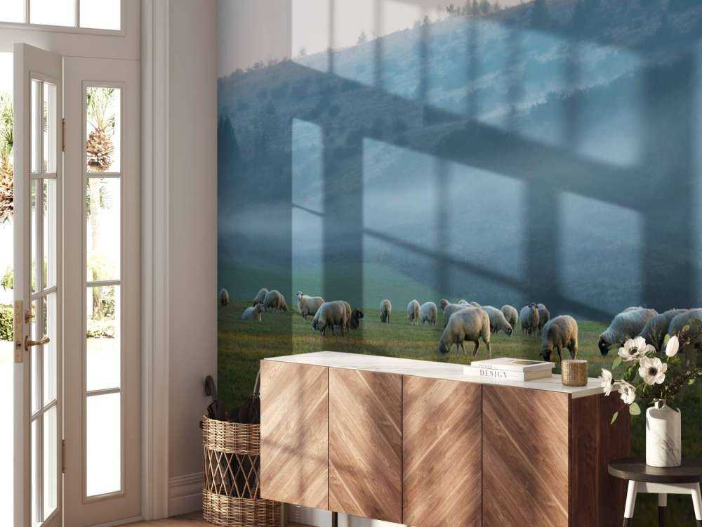 Rebaño de ovejas con paisaje de niebla